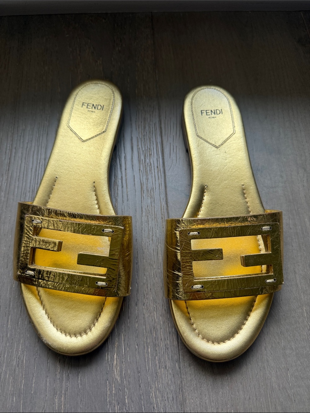 Fendi metallic-gold leather FF/Baguette logo slide sandals